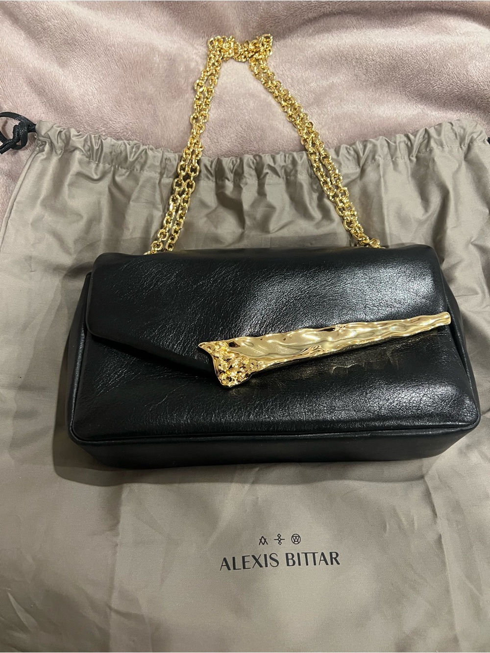 Alexis Bittar Black Leather Shoulder Bag with Gold Sculptural Accent